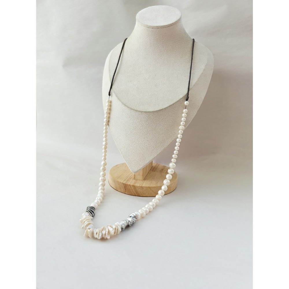 Long Genuine Pearl Keshi Necklace Artsy Bohemian Minimalist Coastal Resortwear